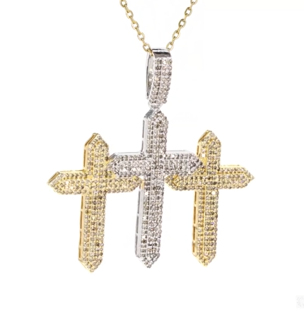 10K YELLOW WHITE GOLD 2.50 CARAT REAL DIAMOND 1.75 INCHES CROSS PENDANT CHARM