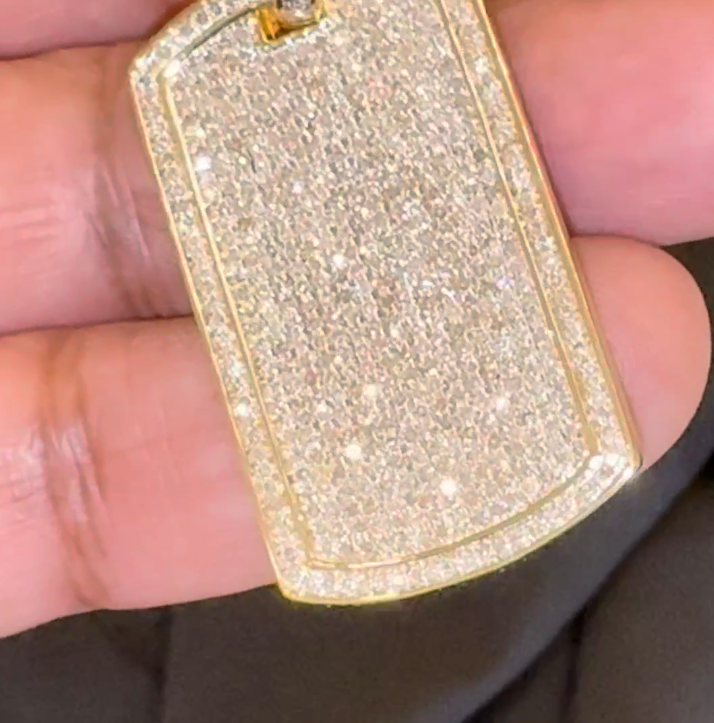 3 CARAT MENS STERLING SILVER WITH YELLOW GOLD PLATING 2" REAL DIAMOND DOG TAG PENDANT CHARM PIECE