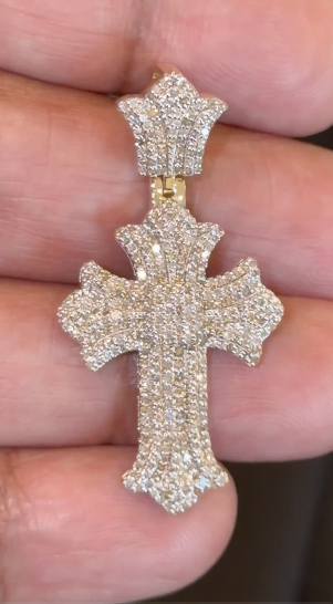 10K YELLOW GOLD 1.25 CARAT NATURAL DIAMONDS 1.75 INCHES CROSS PENDANT CHARM