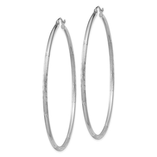 14k White Gold Satin and Diamond-cut 2mm Round Hoop Earrings