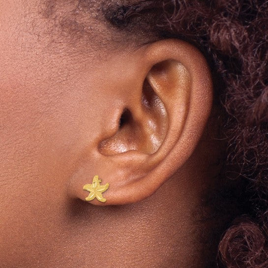 14k Satin Diamond-cut Starfish Post Earrings