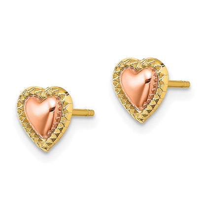 14k Two-Tone Beaded Heart Post Earrings