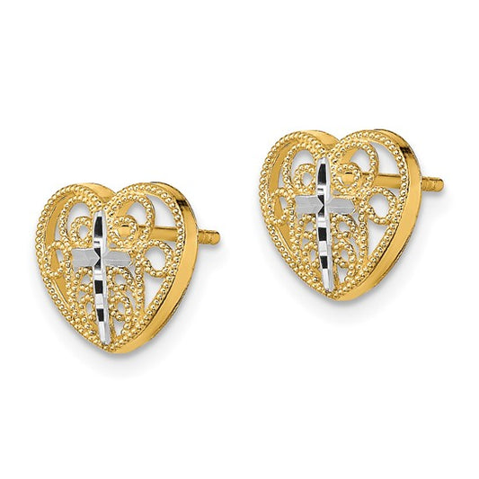 14K with Rhodium Filigree Cross Center Heart Post Earrings
