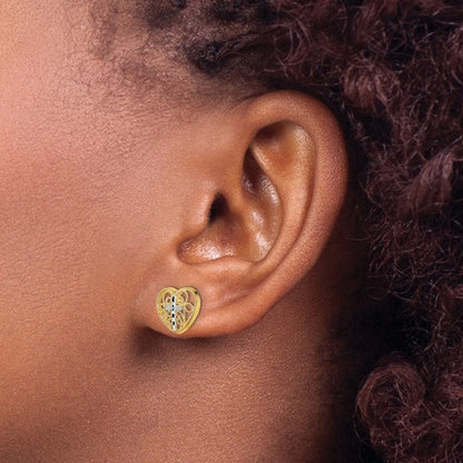 14K with Rhodium Filigree Cross Center Heart Post Earrings