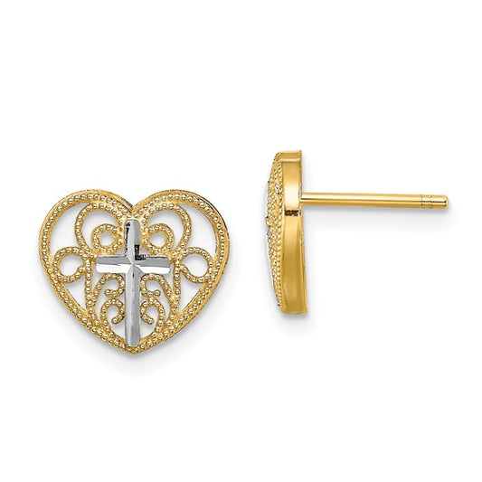 14K with Rhodium Filigree Cross Center Heart Post Earrings