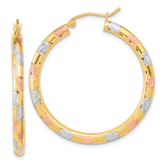14k with White and Rose Rhodium Polished Satin Diamond-cut Hoop Earrings