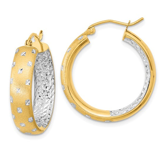 14k White Rhodium Polished Satin Diamond-cut In/Out Hoop Earrings