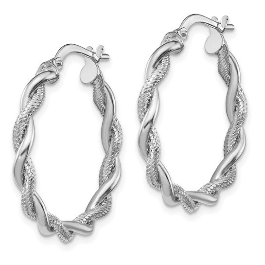 14k White Gold Medium 3mm Polished and Diamond-cut Twisted Hoops