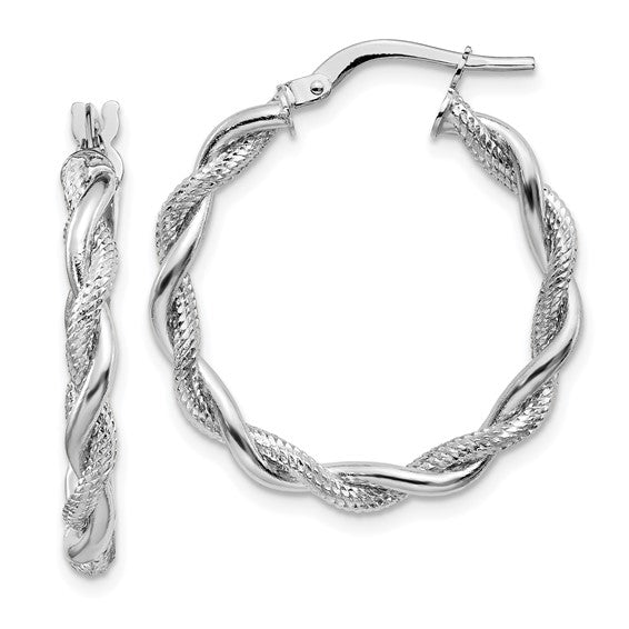 14k White Gold Medium 3mm Polished and Diamond-cut Twisted Hoops