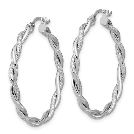 14k White Gold Large 3mm Polished and Diamond-cut Twisted Hoops