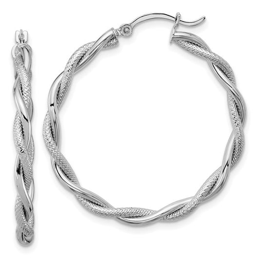 14k White Gold Large 3mm Polished and Diamond-cut Twisted Hoops