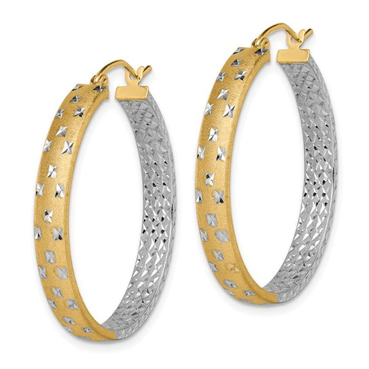 14k with White Rhodium Polished Satin Diamond-cut In/Out Hoop Earrings