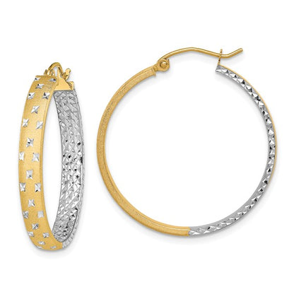 14k with White Rhodium Polished Satin Diamond-cut In/Out Hoop Earrings