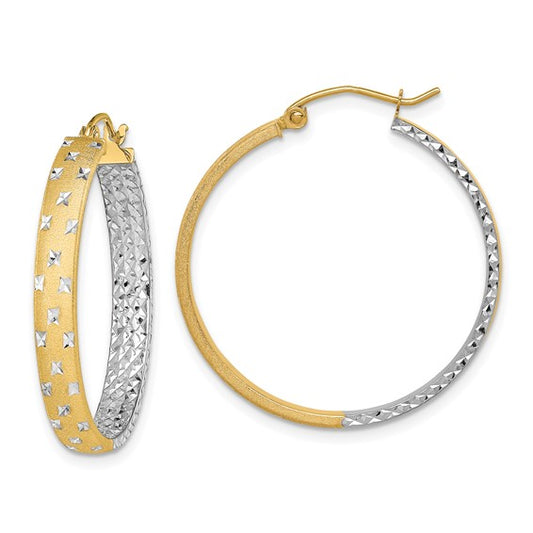 14k with White Rhodium Polished Satin Diamond-cut In/Out Hoop Earrings
