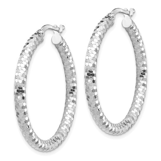 14k White Gold 3x32mm Diamond-cut Hoop Earrings