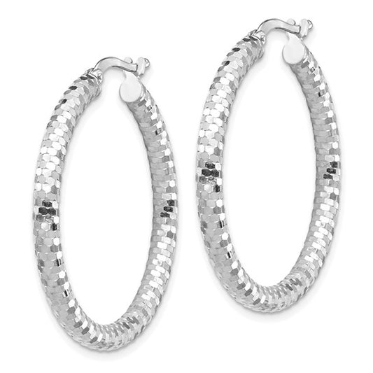 14k White Gold 3x32mm Diamond-cut Hoop Earrings