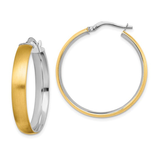 14K with White Rhodium Large 5mm Polished and Satin Hoop Earrings