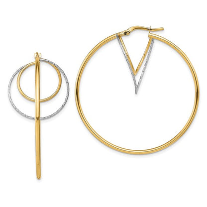 14k with White Rhodium Diamond-cut Twisted Circles Inside Hoop Earrings