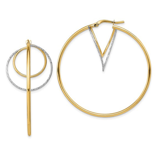 14k with White Rhodium Diamond-cut Twisted Circles Inside Hoop Earrings