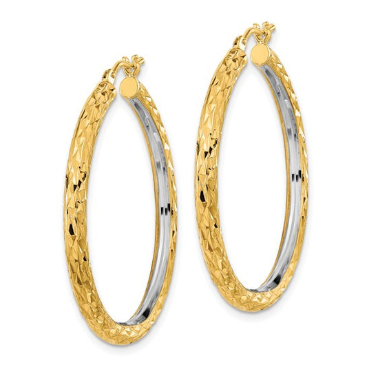 14k White Rhodium Polished Diamond-cut 3mm Circle Hoop Earrings