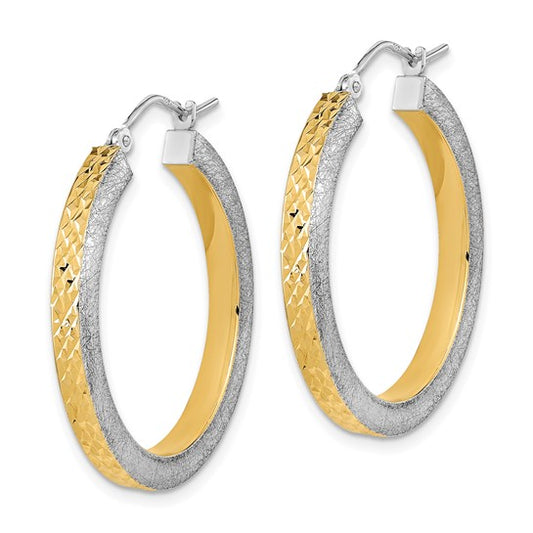 14K White Gold Yellow Rhodium Polished Brushed Diamond-cut Hoop Earrings