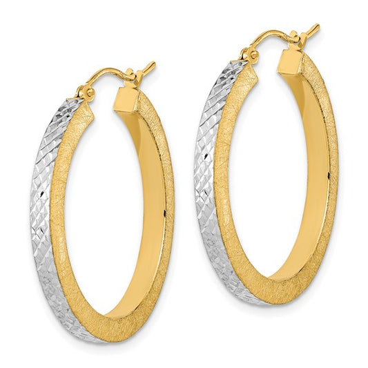 14K with White Rhodium Polished Satin Diamond-cut Hoop Earrings
