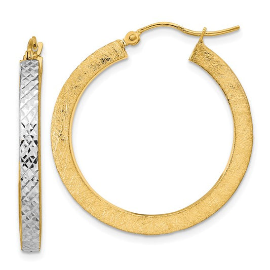 14K with White Rhodium Polished Satin Diamond-cut Hoop Earrings