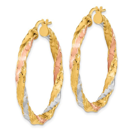 14K with Rose and White Rhodium Polished Twisted Hoop Earrings