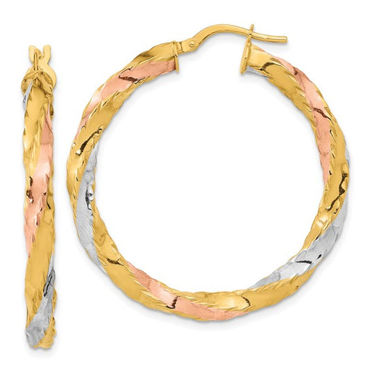 14K with Rose and White Rhodium Polished Twisted Hoop Earrings