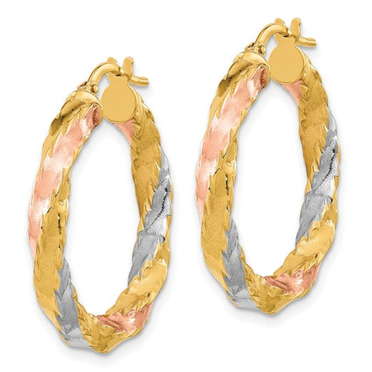 14K with Rose and White Rhodium Polished Twisted Hoop Earrings