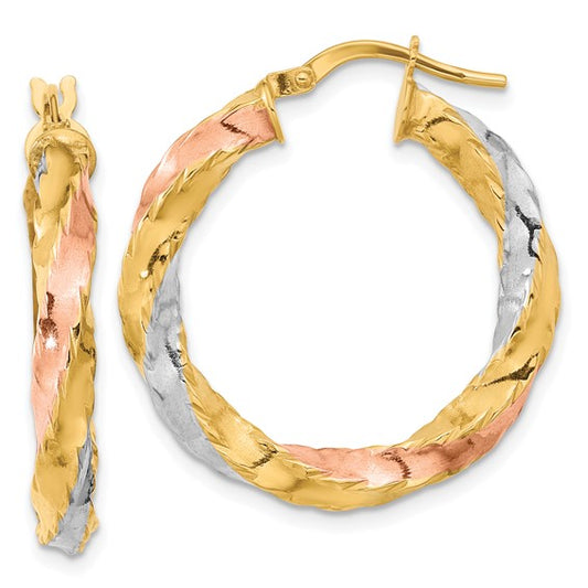 14K with Rose and White Rhodium Polished Twisted Hoop Earrings