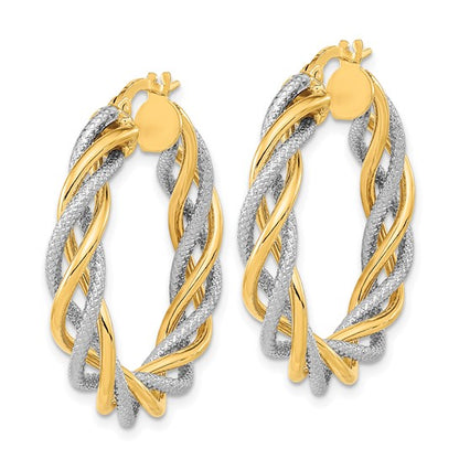 14K and White Rhodium Polished and Textured Twisted Hoop Earrings