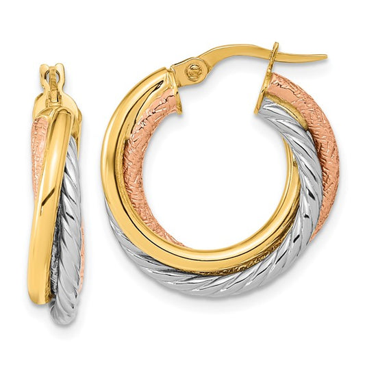 14K with White and Rose Rhodium Polished and Textured Hoop Earrings