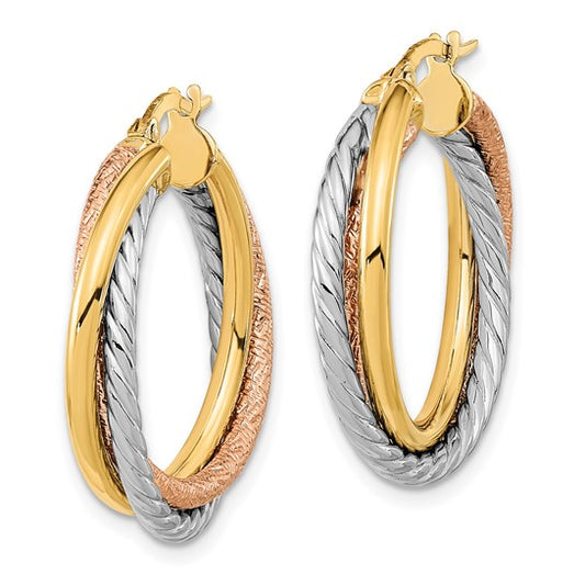 14K with White and Rose Rhodium Polished and Textured Hoop Earrings