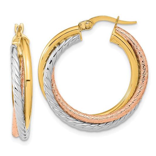 14K with White and Rose Rhodium Polished and Textured Hoop Earrings