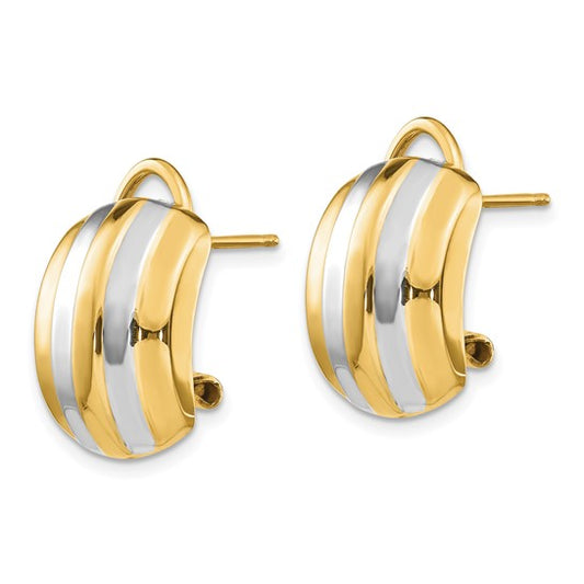 14k and Rhodium Ribbed Omega Back Post Earrings
