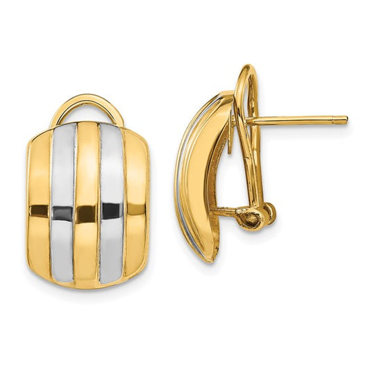 14k and Rhodium Ribbed Omega Back Post Earrings