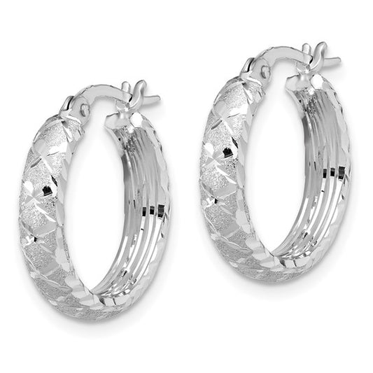 14K White Gold Satin Criss Cross 4mm Diamond Cut Hoop Earrings