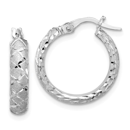 14K White Gold Satin Criss Cross 4mm Diamond Cut Hoop Earrings