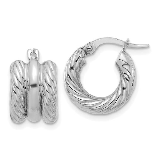 14K White Polished and Twisted Hoop Earrings