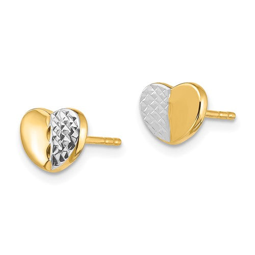 14K and Rhodium Diamond-Cut Heart Post Earrings