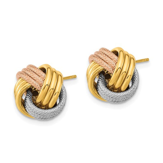 14k Yellow with White and Rose Rhod Pol Textured Triple Love Knot Post Earrings