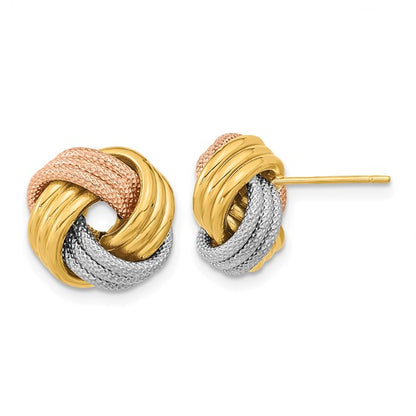 14k Yellow with White and Rose Rhod Pol Textured Triple Love Knot Post Earrings