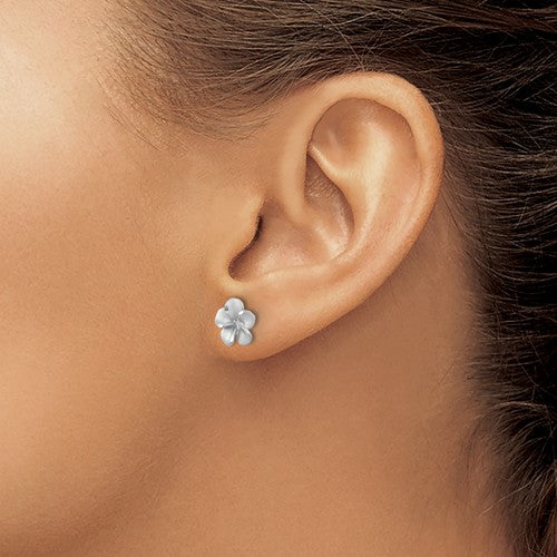 14k White Gold Satin Diamond-cut Plumeria Post Earrings