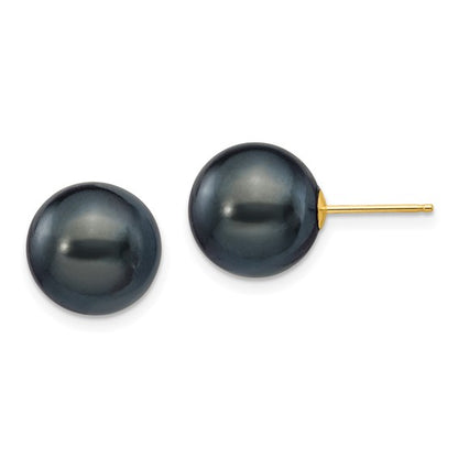 14k 10-11mm Black Round Freshwater Cultured Pearl Stud Post Earrings