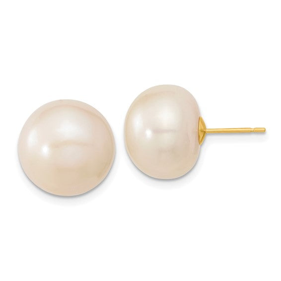 14k 13-14mm White Button Freshwater Cultured Pearl Post Earrings
