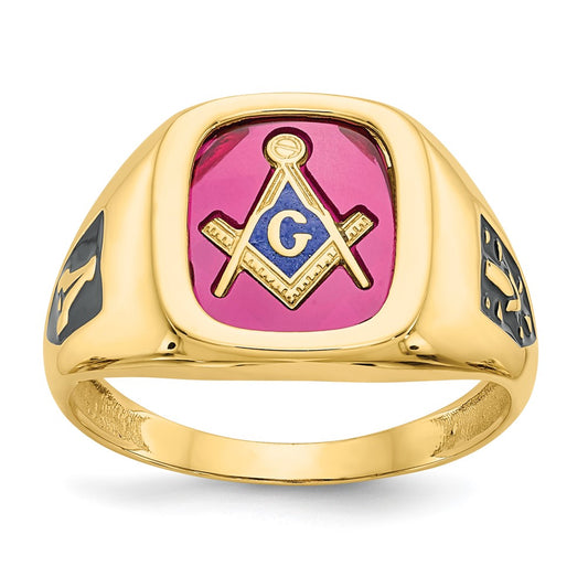 14k Men's Textured w/ Black Enamel & Lab Cr. Ruby Masonic Ring