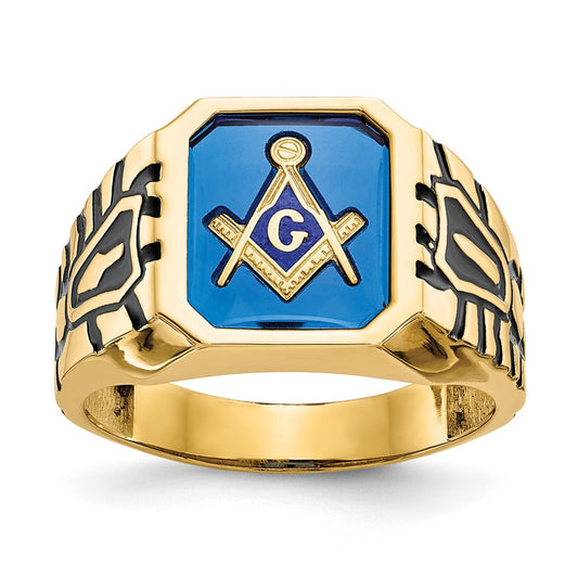 14k Men's Polished, Antiqued and Grooved w/ Imit. Blue Spinel Masonic Ring