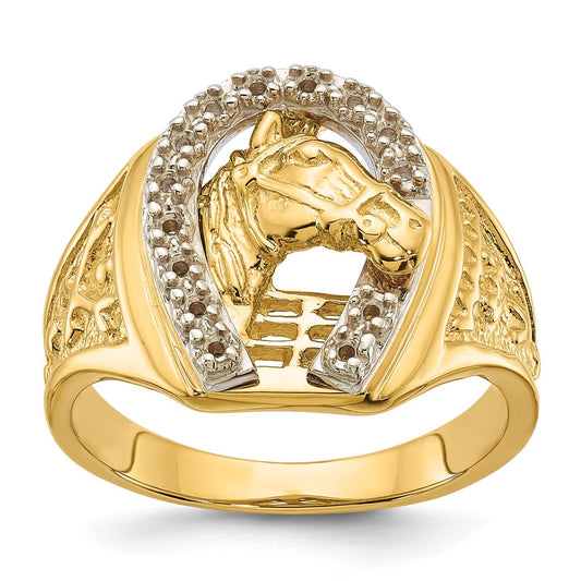 14k Two-Tone Mens Horseshoe with Horse in Center Ring Mounting