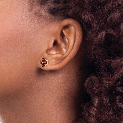 14k Heart-shaped Garnet Flower Post Earrings